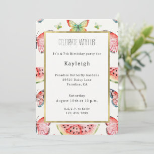 Green Red Watermelon Blue Butterflies Birthday Invitation