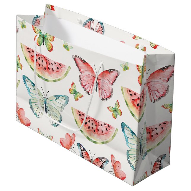 Green Red Watermelon Blue Butterflies Birthday Large Gift Bag (Front Angled)