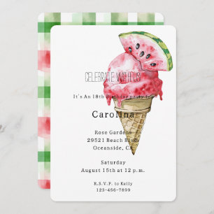 Green Red Watermelon Ice Cream Cone Birthday Invitation