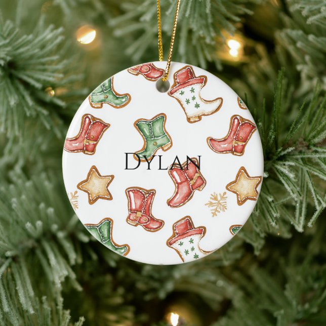 Green Red Western Cowboy Boots Christmas  Ceramic Ornament (Tree)