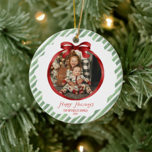 Green Red Whimsical Bow Frame Photo Christmas Ceramic Ornament