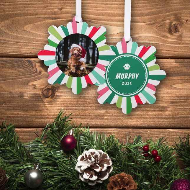 Green Red White Starburst Stripes Dog Christmas Ornament Card (Creator Uploaded)