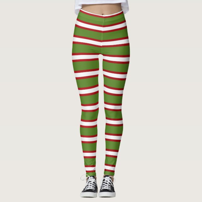 Green Red & White Stripes Holiday Christmas Leggings (Front)