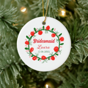 green red wreath cir add name bridesmaid gift year ceramic ornament