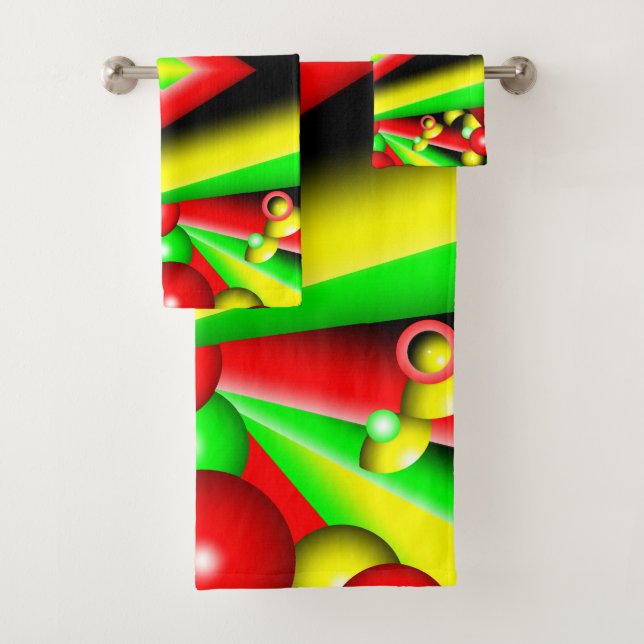 Green Red Yellow Bubbles And Stripes Abstract Art  Bath Towel Set (Insitu)