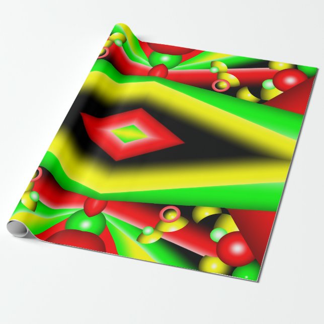 Green Red Yellow Bubbles And Stripes Abstract Art Wrapping Paper (Unrolled)