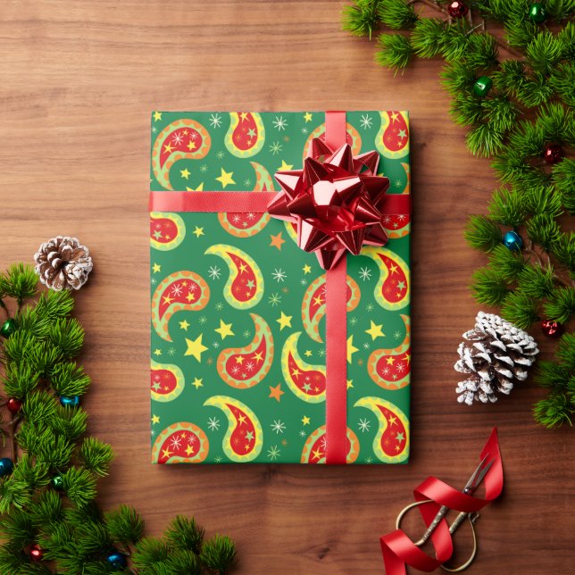 Green, red & yellow Christmas Paisley star pattern Wrapping Paper (Holiday Gift)