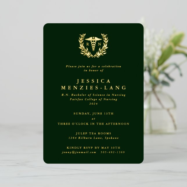 Green Registered Nurse Caduceus+Laurel Wreath (Standing Front)