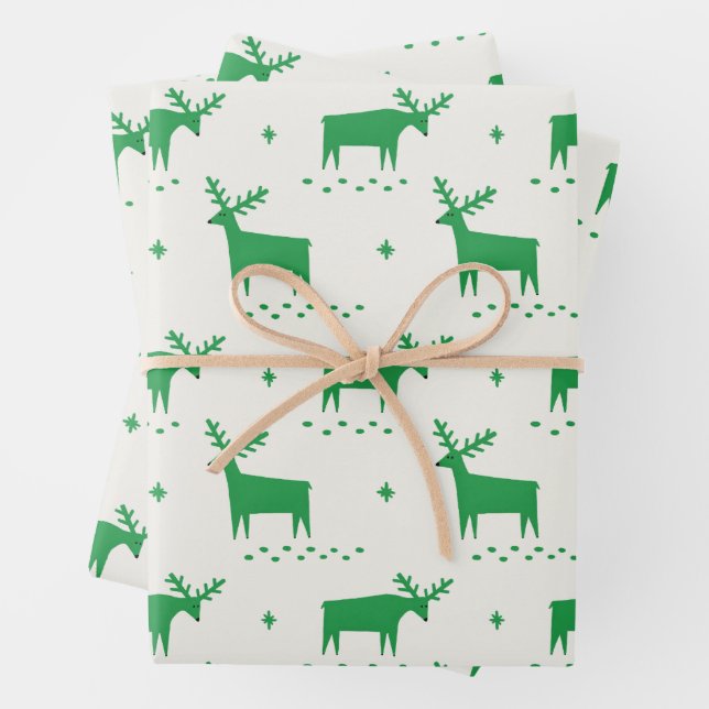 Green Reindeer Christmas | Cozy Woodland Winter Wrapping Paper Sheet (In situ)