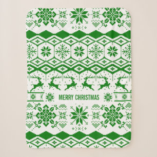 Green Reindeer Christmas Knitted Sherpa Blanket