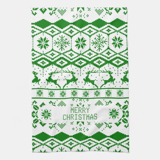 Green Reindeer Knitted Pattern White Background Kitchen Towel (Vertical)