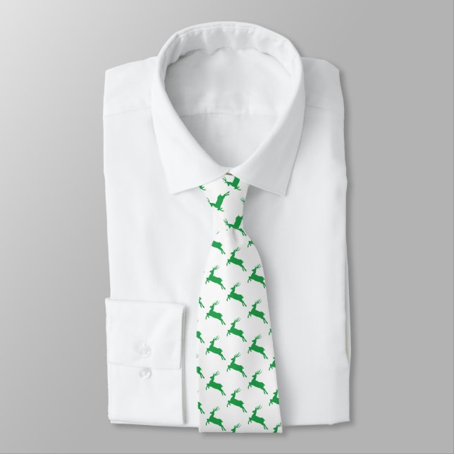 Green Reindeer On White Pattern Tie (Tied)