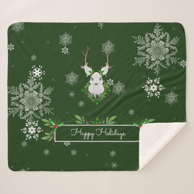 Green Reindeer Sherpa Blanket (Front (Horizontal))