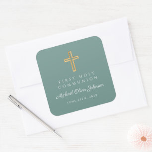 Green Religious Cross Boy First Communion Square Sticker