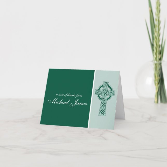 Green Religious Cross First Communion Thank You Card (Front)