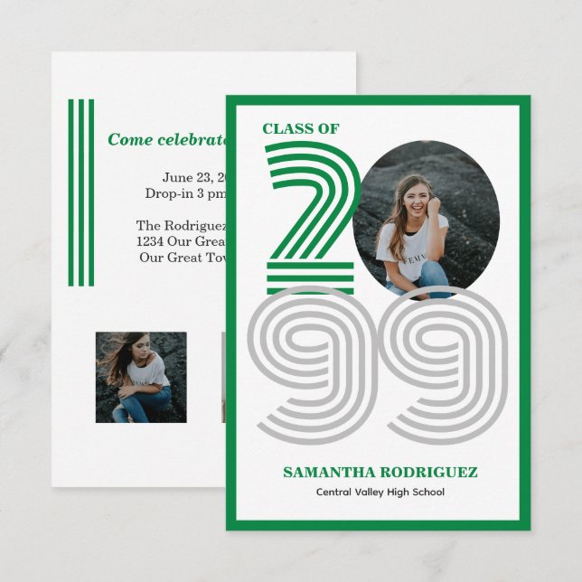 Green Retro Big Numbers Graduation Photo Invitation (Front/Back)