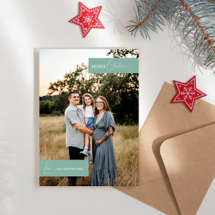 Green Retro Boho Minimalist Family Portrait Holiday Card