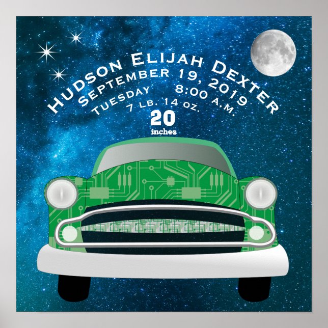Green Retro Car Baby Boys Birth Stat Birth Record Poster (Front)