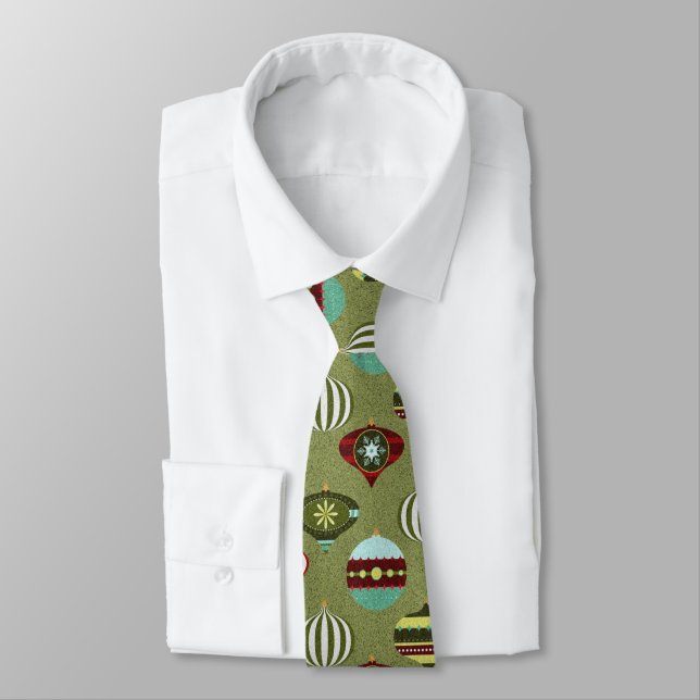 Green Retro Christmas Tree Ornaments Holiday Tie (Tied)