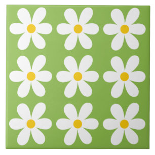 Green Retro Daisy Floral Pattern Tile