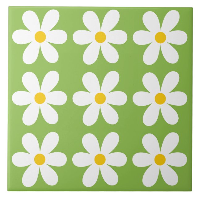 Green Retro Daisy Floral Pattern Tile (Front)