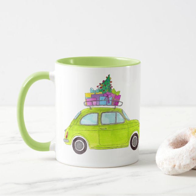 Green Retro Fiat 500 with Gifts Watercolor Mug (With Donut)
