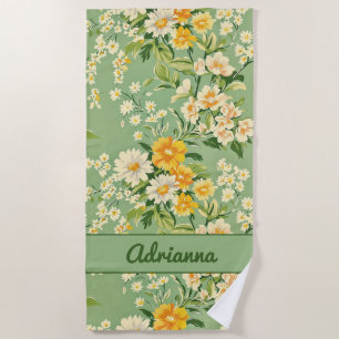 Green Retro Floral Beach Towel