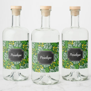 Green Retro Floral Liquor Bottle Label