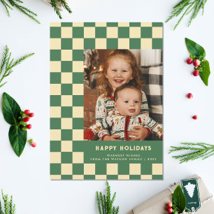 Green Retro Groovy Chequered Happy Holidays Photo Holiday Postcard
