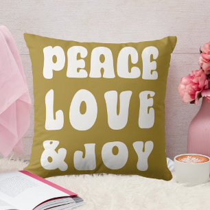 Green Retro Groovy Peace Love Joy Holiday Throw Pillow