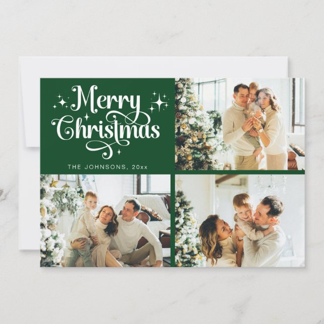 Green Retro Merry Christmas Family Photo Collage Holiday Card (Front)