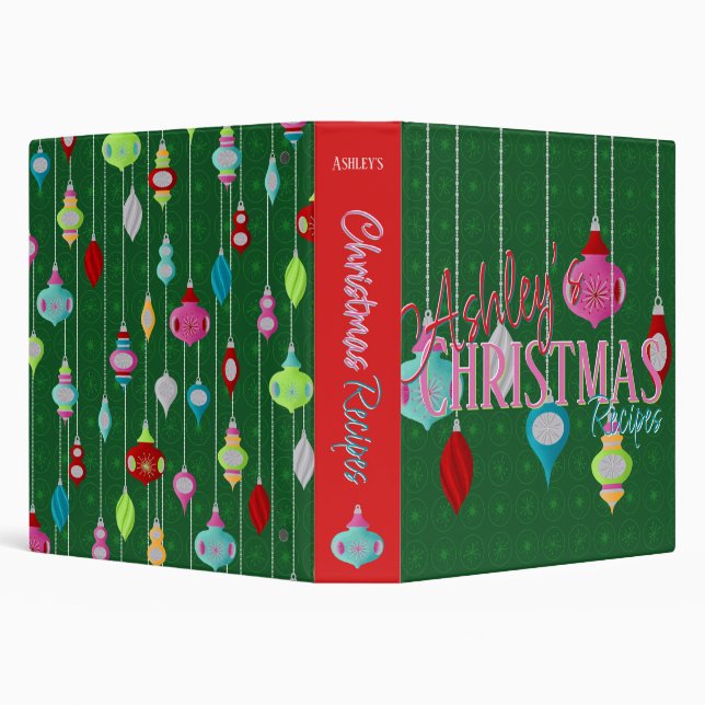 Green Retro Ornaments Christmas Recipe Binder (Background)