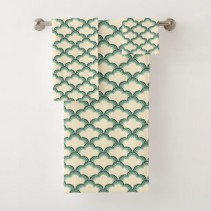Green retro style waves pattern bath towel set