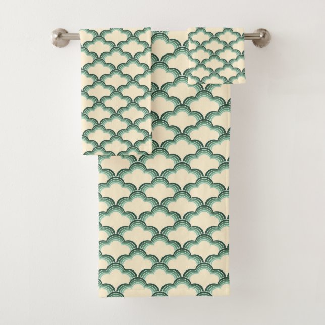 Green retro style waves pattern bath towel set (Insitu)