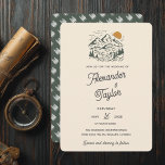 Green Retro Vintage Mountain Landscape Wedding Invitation<br><div class="desc">A fun and modern illustrated mountain wedding invitation card in cream white, dark green and a bit of orange, featuring an illustration of a rustic mountain landscape with trees and the sun, modern script font for the spouse's names and a fun tree pattern on the dark green backer. Fully customizable...</div>