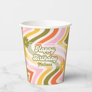 Green Retro Wave Groovy Flower 40th Birthday  Paper Cups