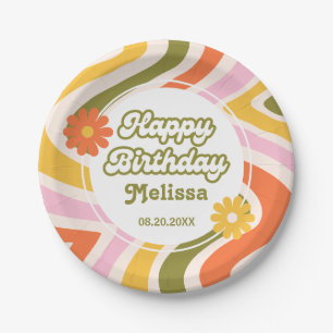  Green Retro Wave Groovy Flower 40th Birthday  Paper Plate