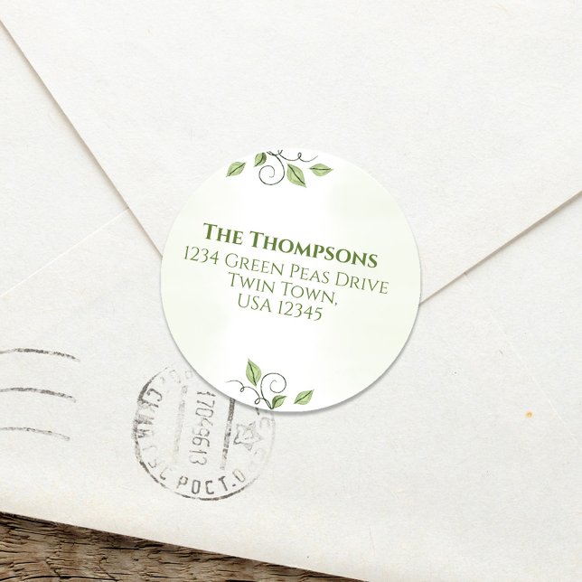Green Return Address Cute Leaves Custom Classic Round Sticker (Greenery and foliage return address labels. )