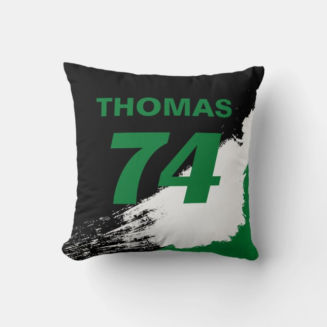 Green Reversible Racing Inspired Name With Number Throw Pillow (Front)