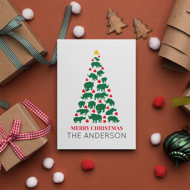 Green Rhinoceros Christmas Tree Red Paw Postcard (Creator Uploaded)