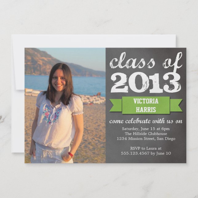 Green ribbon banner chalkboard photo graduation invitation (Front)
