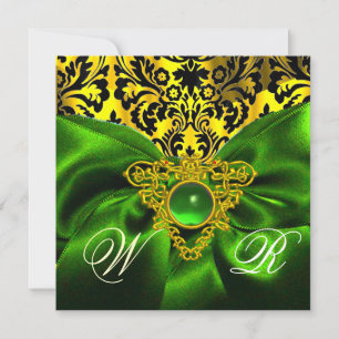 GREEN RIBBON GOLD CELTIC HEART  DAMASK MONOGRAM INVITATION