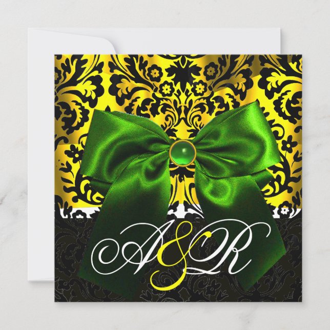 GREEN RIBBON GOLD YELLOW  BLACK  DAMASK MONOGRAM INVITATION (Front)