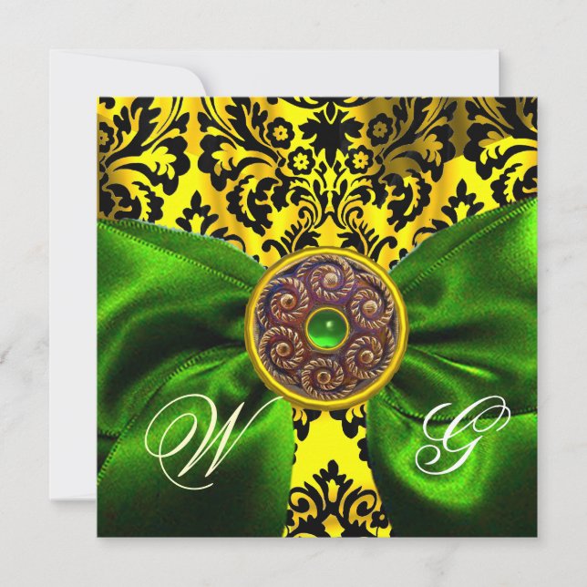 GREEN  RIBBON GOLD YELLOW  BLACK  DAMASK MONOGRAM INVITATION (Front)