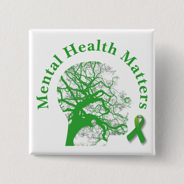  Green Ribbon & Mental Health Awareness 2 Inch Square Button (Front)