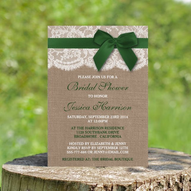 Green Ribbon On Burlap & Lace Bridal Shower Invitation (Creator Uploaded)