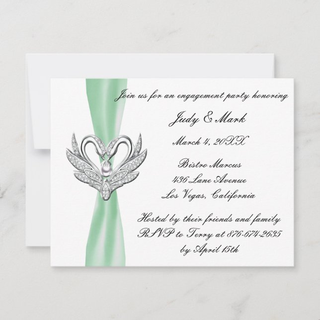 Green Ribbon Silver Swans Engagement Party Invite (Front)