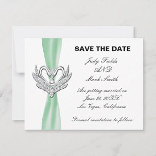 Green Ribbon Silver Swans Save The Date Card