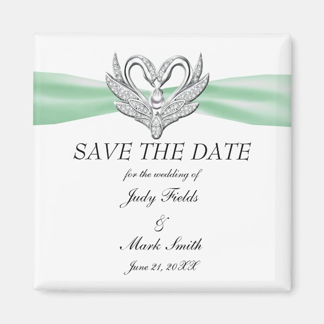 Green Ribbon Silver Swans Save The Date Magnet (Front)