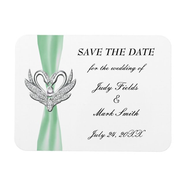 Green Ribbon Silver Swans Save The Date Magnet (Horizontal)